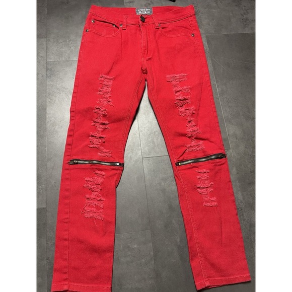 Men's Bleecker & Mercer Distressed Red Zipper Skinny Jeans 32x30. F-134‎ - Picture 1 of 6